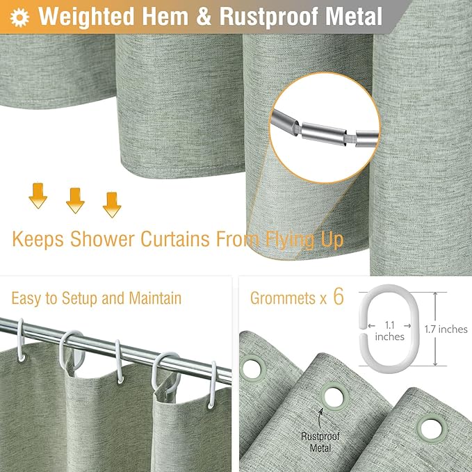 BTTN Fabric Shower Curtain, Linen Textured Heavy Duty Polyester Cloth Shower Curtain Set with Plastic Hooks, Sage Green, 36x72