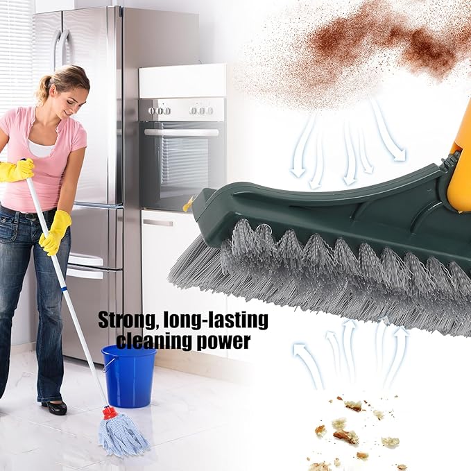 Upgraded Dual-Sided Bathroom Floor Scrub Brush with Long Handle, Tile and Grout Cleaning Brush for Shower and Corner Floors, Yellow-Green Non-Scratch Scrubber for Hard-to-Reach