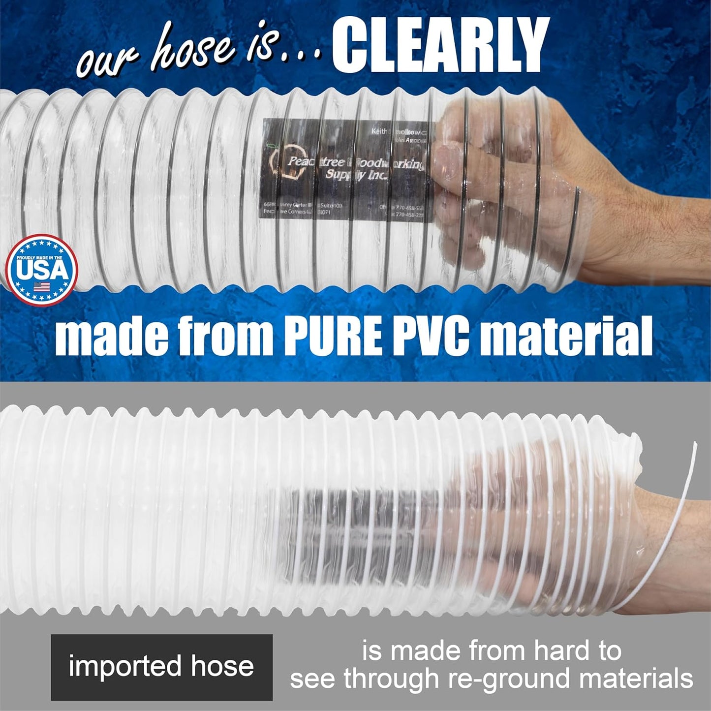 PVC Dust Collection Hose w/4 Thumbscrew Clamps, Puncture Resistant, Carbon Steel Wire, Clear Flexible PVC Dust Collector Hose, Proudly Made in USA (4" x 20')
