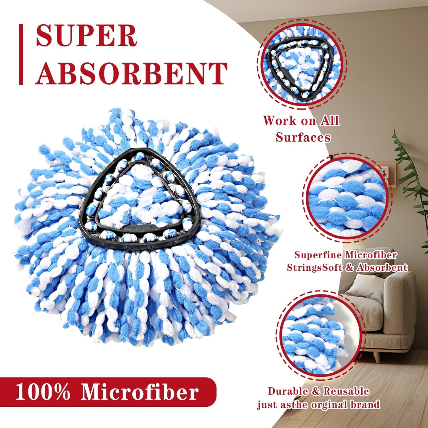 4 Pack Spin mop Replacement Head, Spin mop Scrub Brush,Microfiber Mop Refills, Easy to Replace,for Bathroom,Kitchen,Tub and Tile,Easy Cleaning,Suitable for Ocedar RinseClean 2-Tank System Spin Mop (A)