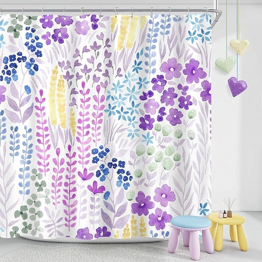 Extra Long Shower Curtain 72 x 84 Inch, Tall Purple Floral Shower Curtain for Bathroom, Colorful Wildflower Boho Cottagecore Fabric Shower Curtain Set with Hooks, Lavender Purple