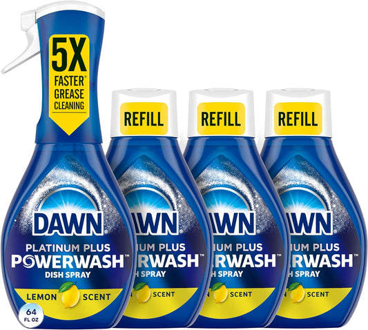 Dawn Powerwash Spray, Dish Soap, Dishwashing Liquid, Cleaning Supplies, Lemon, 1 Starter Kit + 3 Refills, 4 units of 16oz (64oz)