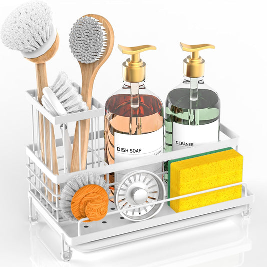 Cisily Kitchen Sink Caddy Organizer, Sponge Holder, Detergent Brush Holder, Plug Storage, White, Stainless Steel, Adjustable, 3 Compartments, 9.56" x 5.15" x 5.15"