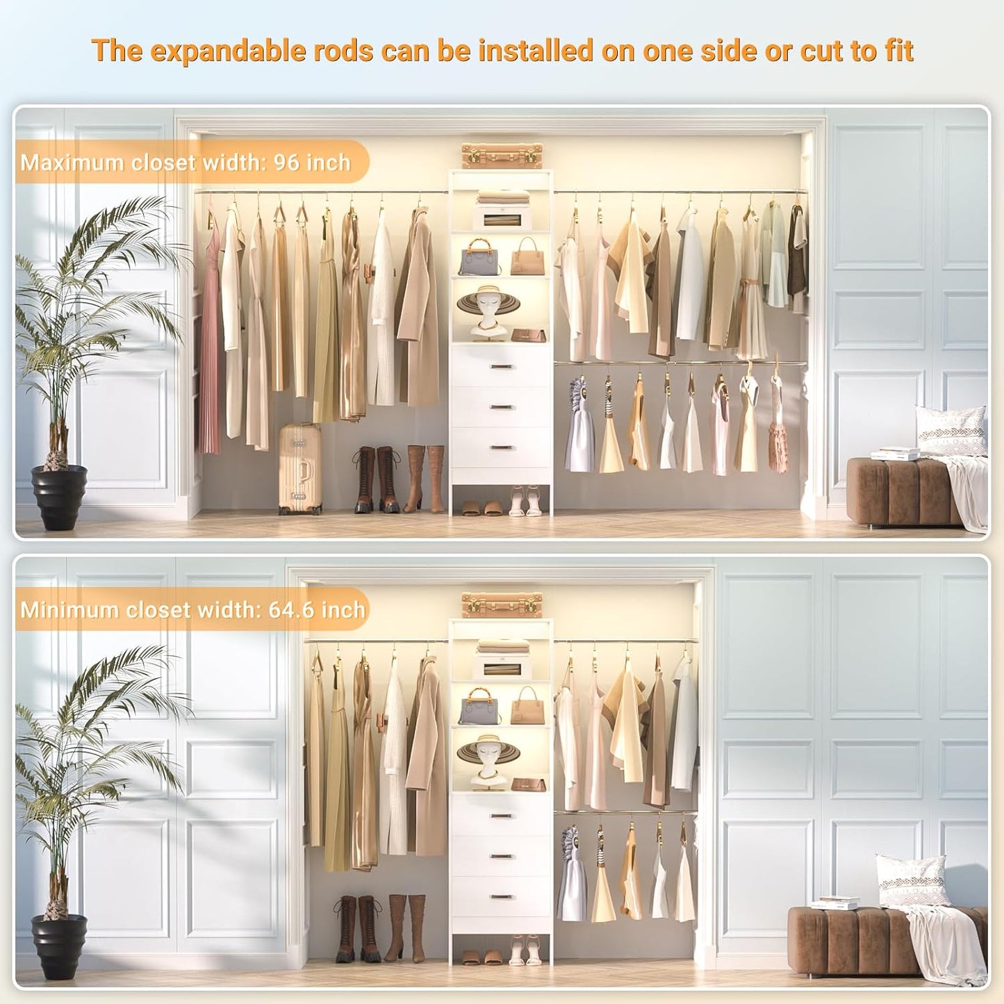 96'' Closet Organizer System with 3 Hanging Rods (Without 3 Storage Shelves), 8FT Closet Systems, Wall Mount Bedroom Wardrobe with 3 Wood Drawers, Adjustable Garment Rack from 5 to 8FT, White