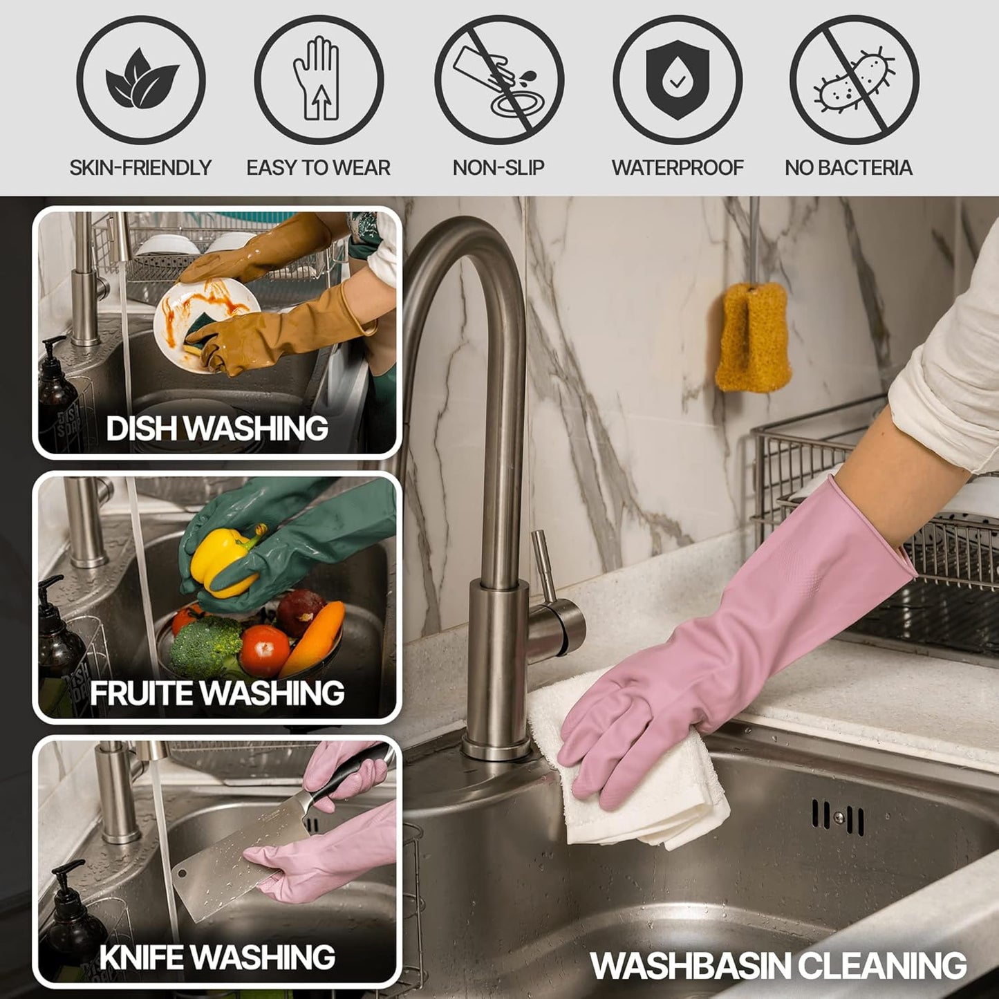 MAMISON 3 Pairs Colorful Reusable Waterproof Household Dishwashing Cleaning Rubber Gloves, Non-Slip Kitchen Glove