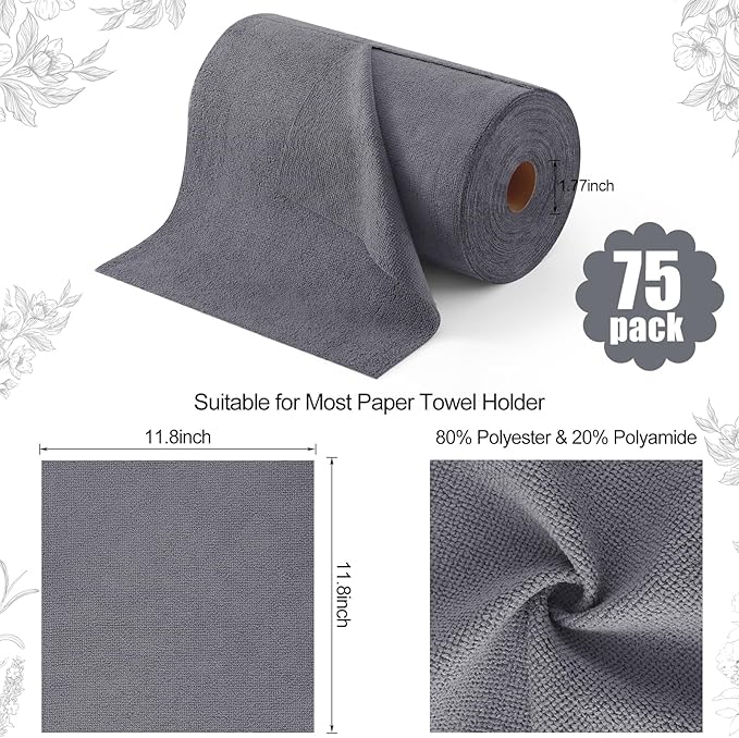 Homaxy Tear Away Dish Cloths Rolls, 75 Sheets-11.8" X 11.8", Reusable Washable Dish Towels for Kitchen, Ultra Absorbent and Quick Drying Microfiber Cleaning Rags, Grey