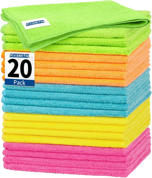 FIXSMITH Microfiber Cleaning Cloth, 20 Pack Cleaning Rags, Cleaning Towels for Housekeeping, Kitchen, Car, Lint-Free, Reusable Shop Towels with 5 Colors (Green/Blue/Yellow/Orange/Pink), 12"X12"