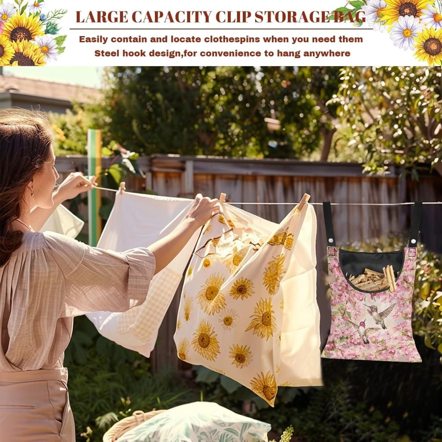 Hummingbird and Cherry Blossom Clothespin Storage Bag, Space-Saving Organize Clothespin Bag with A Large Opening for Clothesline Outdoor