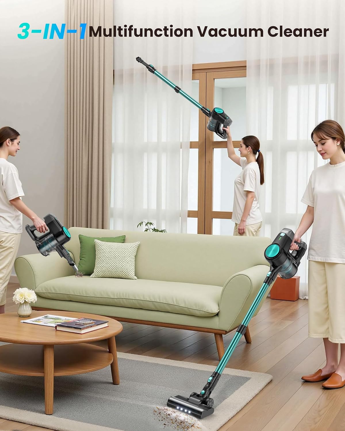N3T Cordless Vacuum Cleaner,Wireless Stick Vacuum with 40mins Runtime,Self-Standing,Anti-Tangle Brush,Rechargeable Lightweight Vacuum Cleaner for Home,Hardwood Floor,Pet Hair, Carpet-Green