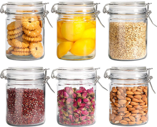ComSaf Airtight Glass Canister with Lid Set of 6, 25oz Food Storage Jar, Mason Jars, Storage Container with Seal Wire Clamp Fastening for Kitchen Fermenting Preserving Canning Pasta Flour Cereal