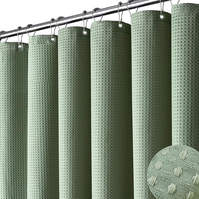 Dynamene Extra Long Fabric Shower Curtain - Waffle Weave 90 Inches Long Heavy Duty Cloth Shower Curtains for Bathroom, 256GSM Tall Hotel Luxury Bath Curtain Set with 12 Plastic Hooks，Sage Green