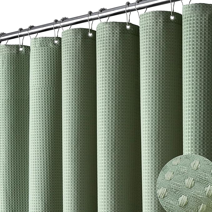 Dynamene Stall Fabric Shower Curtain - 54x78 inch Long Waffle Weave Weighted Thick Cloth Shower Curtains for Bathroom,Heavy Duty Hotel Spa Luxury Bath Curtain Set with 10 Plastic Hooks,Sage Green