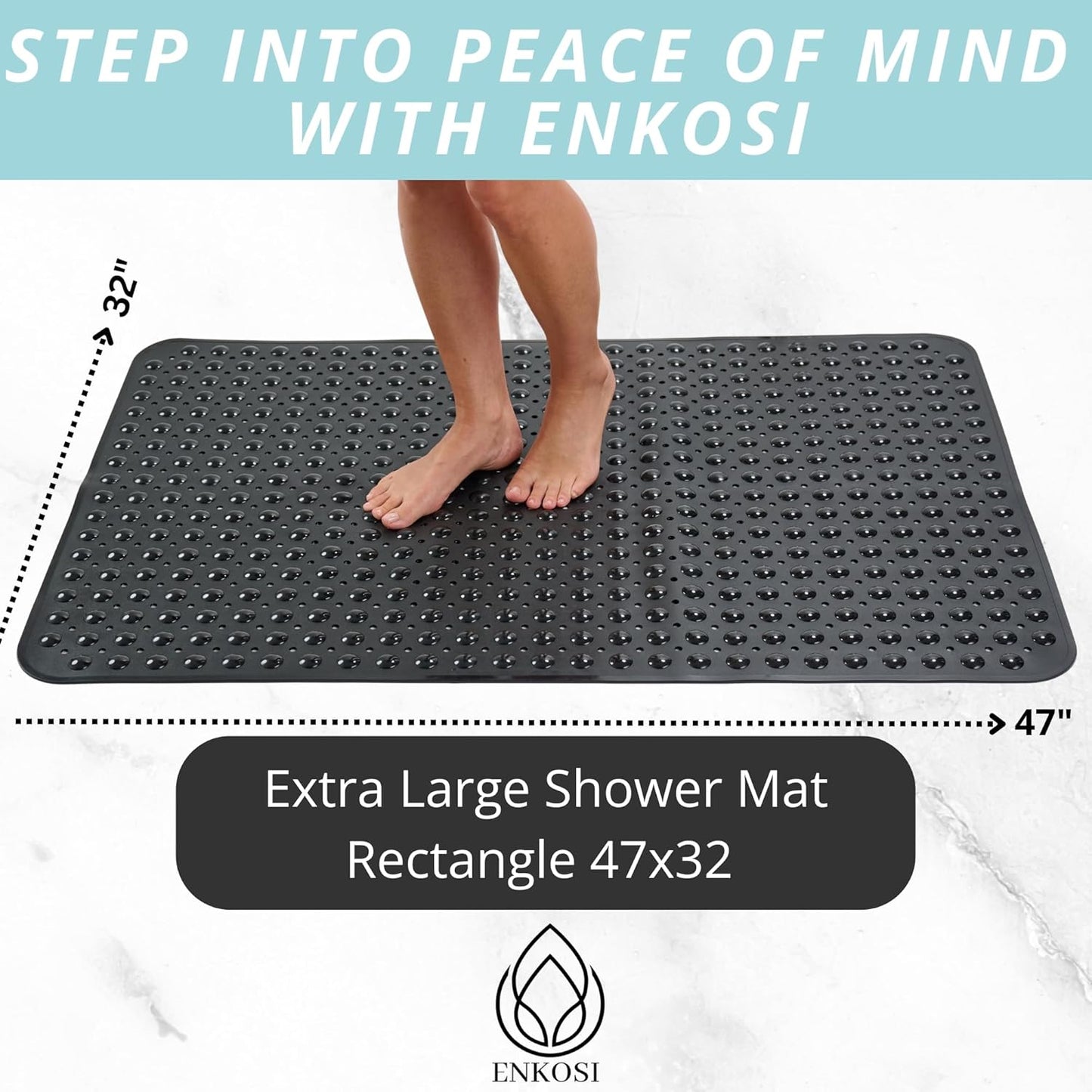 ENKOSI Extra Large Shower Mat Non Slip - 47 x 32 inch - XL Bathroom Shower Mat - Large Shower Matts for Shower Stall Floors - Secure Suction Cups and Drain Holes (47x32 Black)