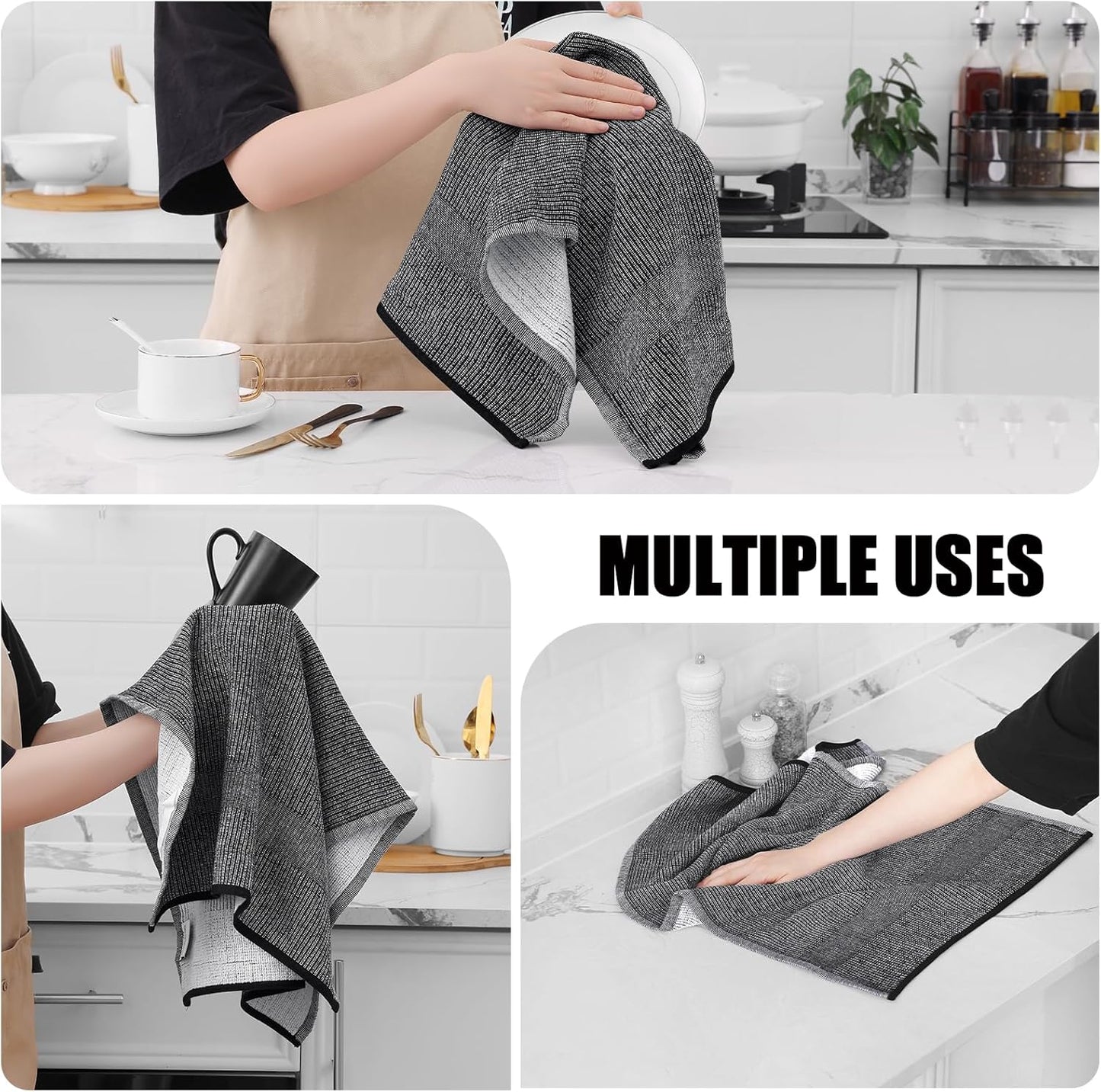 Homaxy Premium Kitchen Towels(18”x 28”, 6 Pack), Large Cotton Kitchen Hand Towels, Flat and Terry Dish Towels, 380 GSM Highly Absorbent Tea Towel Set with Hanging Loop, Black