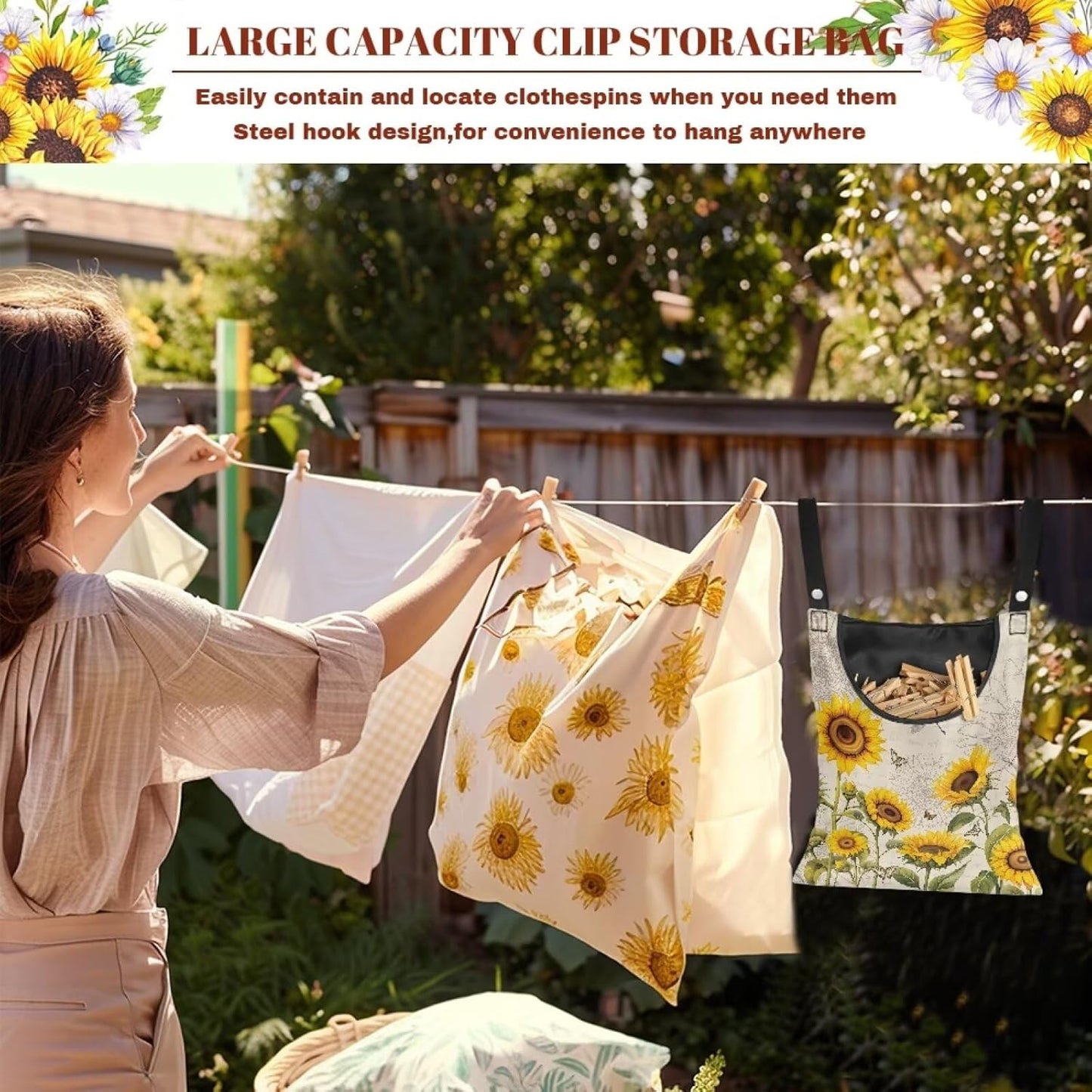 2 Pcs Sunflowers Print Clothespin Bag, Laundry Hanging Bag Fits Clothes Lines, Pin Bag with Hanging Rope for Home Outdoor for Hanging Clothes Outside Balcony Bathroom Corridor Yard