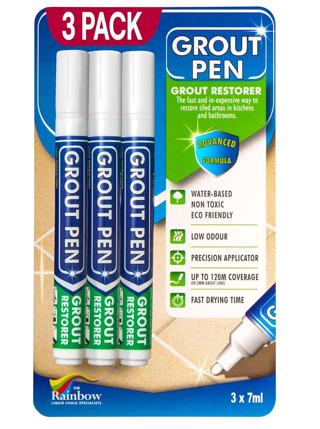 Grout Pen White Tile Grout Paint: Waterproof Grout Paint Pen, Whitener and Grout Sealer Marker for Cleaner Looking Grout Lines - White, Narrow 5mm Tip (7mL) - 3 Pack