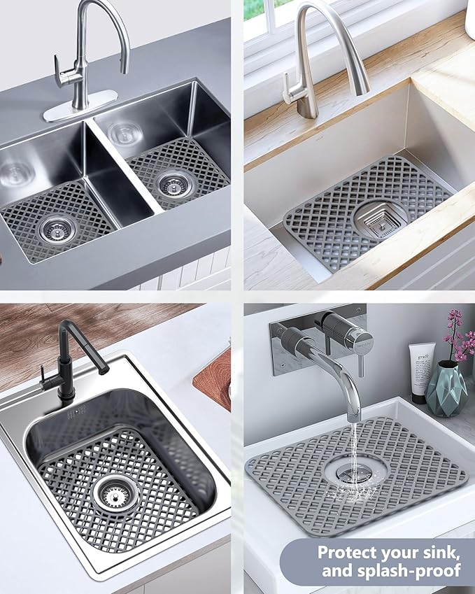 2 Pack Silicone Sink Protector for Kitchen Sink, Lozenge Pattern 13 x 11 inches Sink Grid Mat Silicone Protectors, Center Drain, Gray