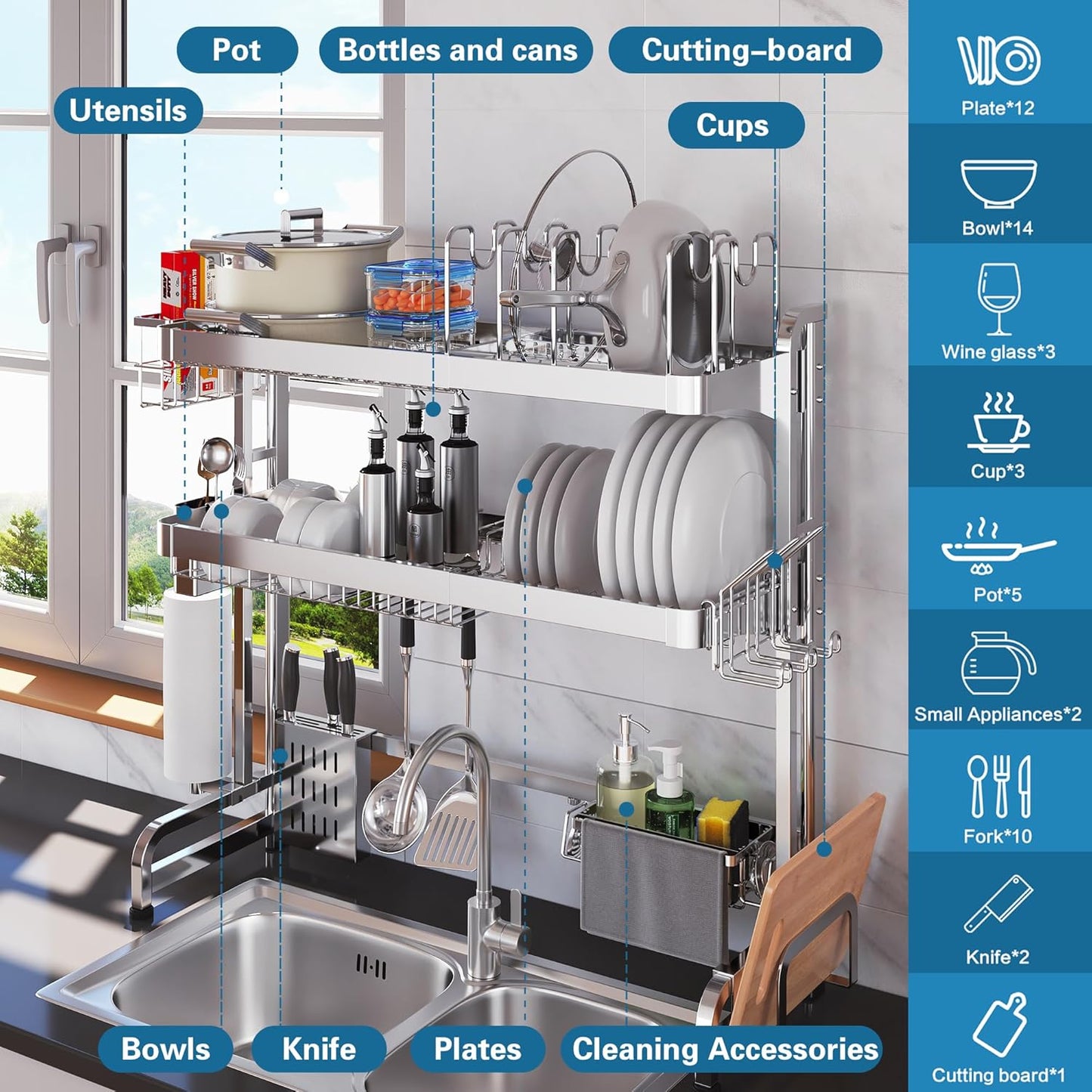 Over The Sink Dish Drying Rack,3 Tier Adjustable Length Full Stainless Steel Large Storage Kitchen Dish Rack,for Kitchen Counter Expandable Multifunctional Organizers,Silver (25.98-37.6")