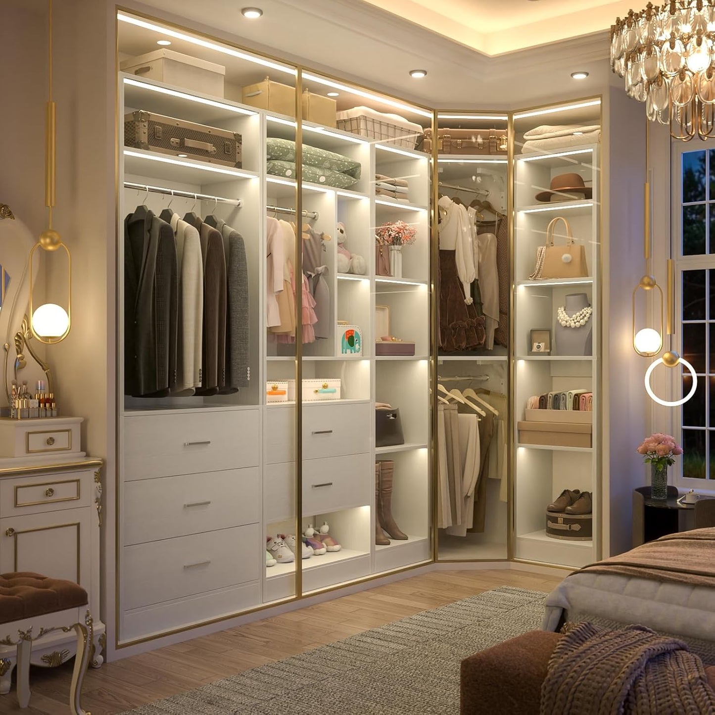 Corner Closet System with 5 Drawers, Closet Organizer System with 15+Shelvess & 4 Hanging Rods, 63.2"L * 63.2"W / 87.2"L * 39.2"W Reversible L Shaped Walk-in Closets, Load 2500+LBS, White