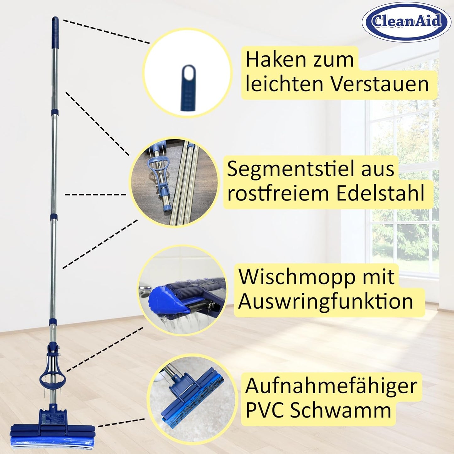 OneTouch GO! Floor Cleaner, Floor Mops, Sponge Mops, Mop with Wringing Function (4 x Refill Sponge)