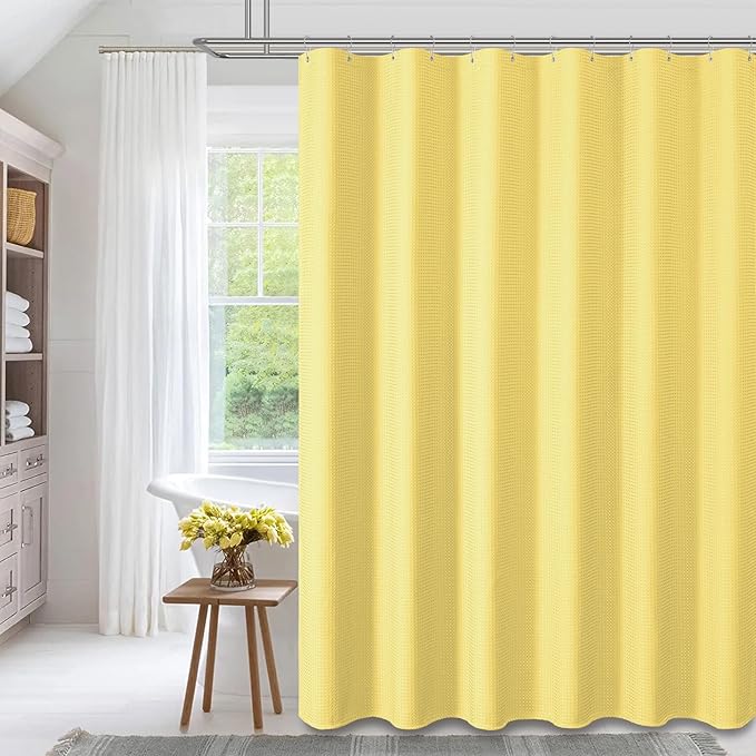 Dynamene Extra Long Shower Curtain - 84 Inch Long Waffle Weave Heavy Duty Fabric Bathroom Shower Curtain, Neutral Weighted Hotel Thick Bath Curtain Set with 12 Plastic Hooks,72x84, Yellow