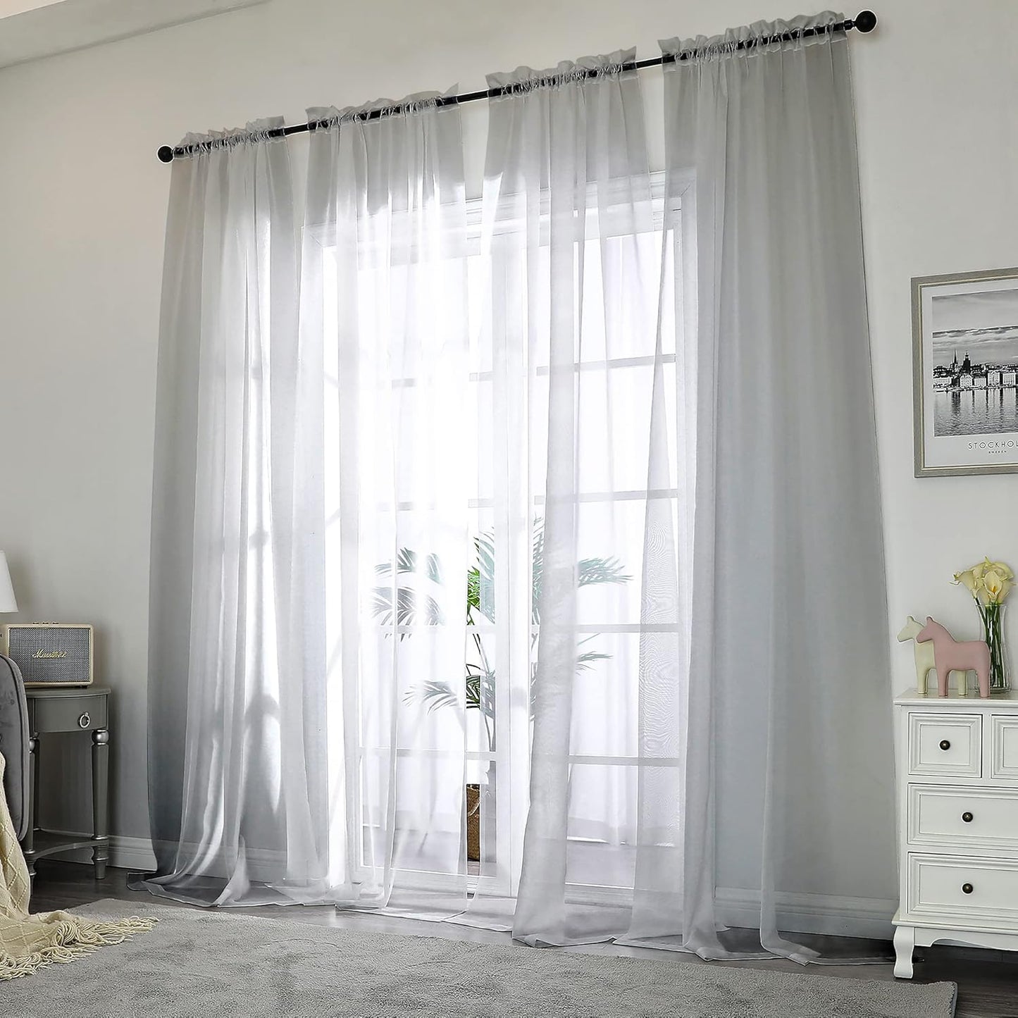 Chyhomenyc Charcoal Grey Sheer Curtains 108 Inch Length 2 Panels, Extra Long Light Filtering Solid Voile Window Drapes for Patio/Living Room/Wedding/Party Ceremony, 2 Panels, 9FT Length