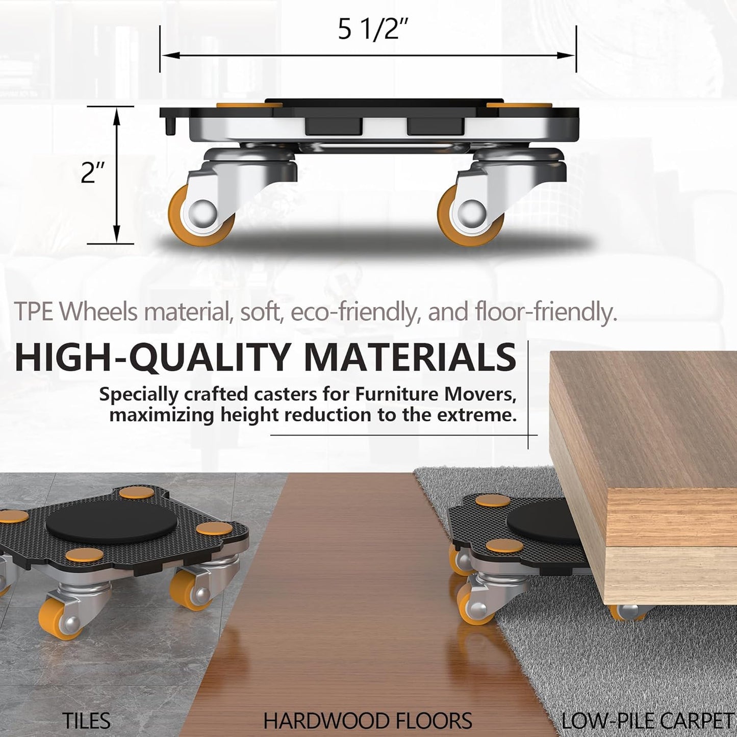 ONEON Furniture Mover Pro - 4Pack Enhanced Dollies with Custom TPE Wheels - Effortless Heavy Furniture Transport (Black: 4 Dollies Only)