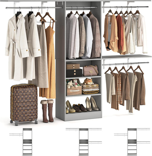 8FT Closet System with Shelves, 96'' Closet Organizer System with 3 Hanging Rods, Wall Mount Bedroom Wardrobe Walk-in Closet, Adjustable Cloth Garment Rack from 5 to 8FT (Cut to Fit), Grey