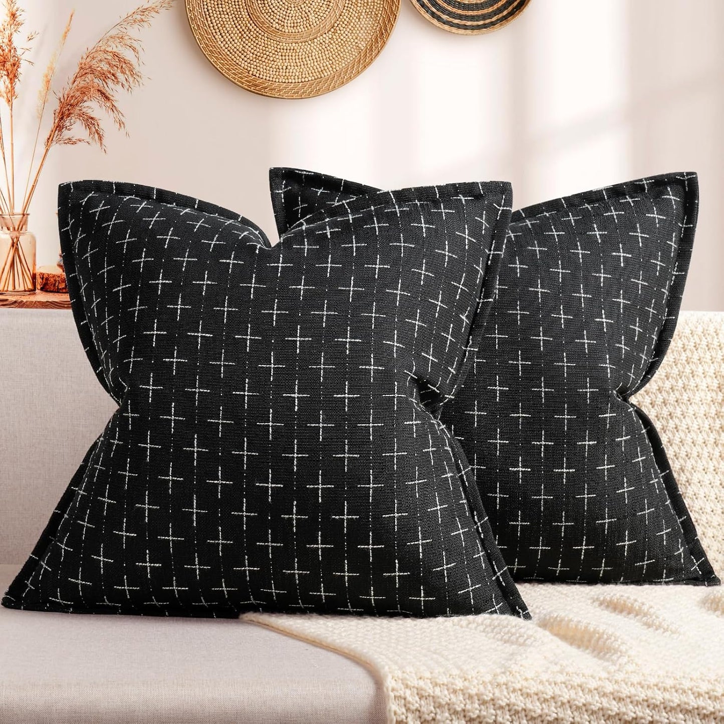 ZWJD Pillow Covers 16x16 Set of 2 Soft Polyester Textured Pillow Covers with Stylish Flange Edge Cozy Farmhouse Throw Pillows for Couch Bed Sofa Living Room
