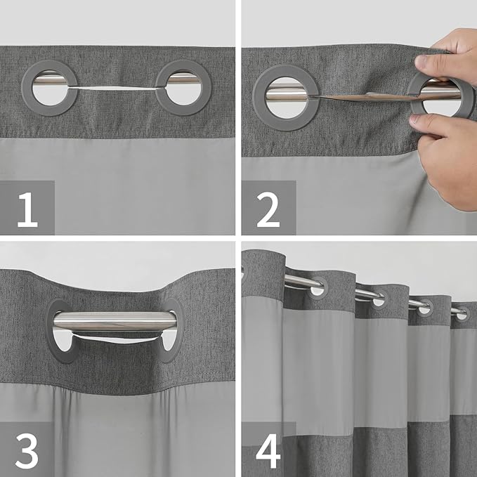 No Hooks Needed Linen Textured Shower Curtain with Snap-in Fabric Liner Set,Hotel Luxury Decor Waterproof Shower Curtains for Bathroom with Mesh Top Window,Washable,71Wx74H,Charcoal Grey