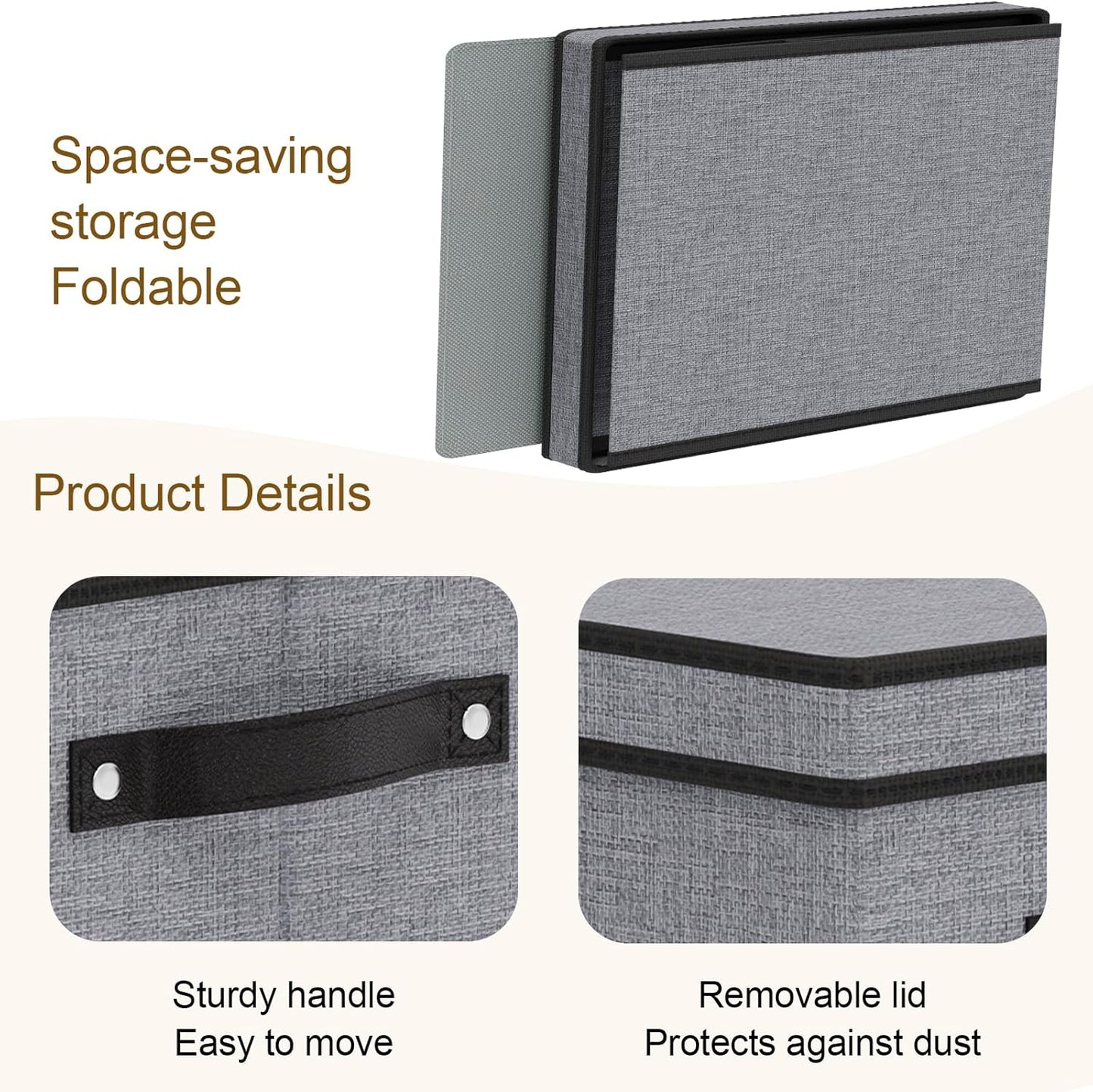 Clothing Storage Bins, Blanket Baskets for Shelves, Fabric Cubes with Handles and Lids, Decorative Linen Closet Organizers Boxes, Gray, 5 Pack, 16.5 x 11.8 x 10.2 Inch