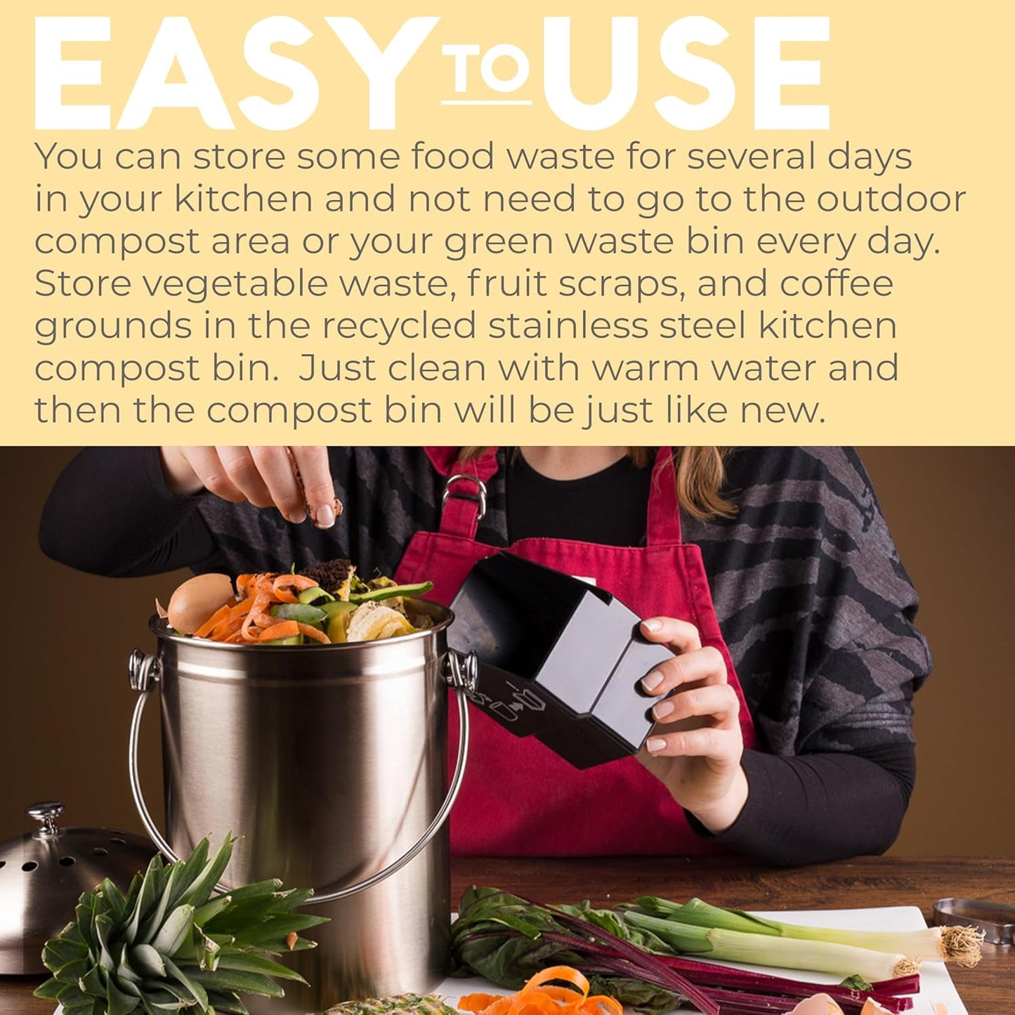 EPICA Countertop Compost Bin Kitchen | 1.3 Gallon | Odorless Composting Bin with Carbon Filters | Indoor Compost Bin with Lid | Stainless Steel Kitchen Composter for Food Scraps & Waste Recycling