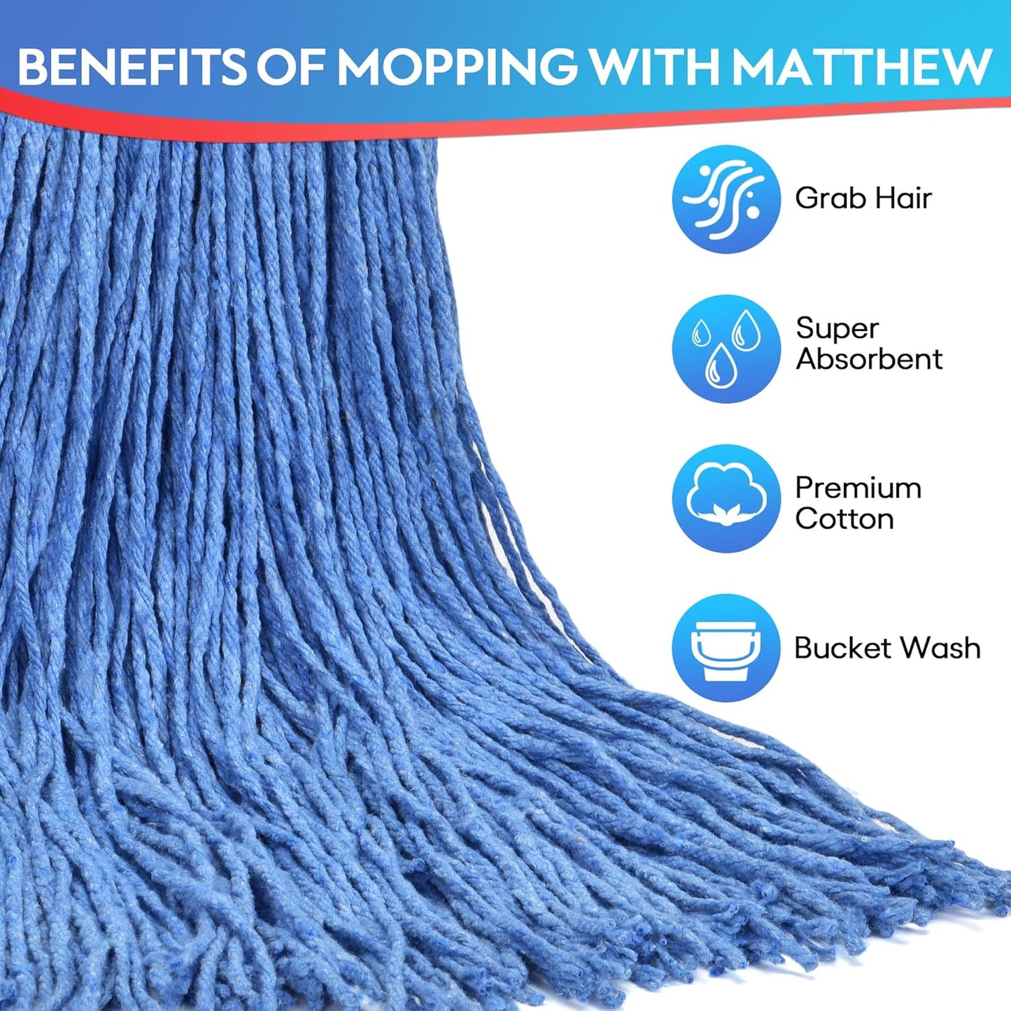 Matthew Cleaning 24oz 3Pack Cotton Floor Mop,Cotton Looped-Open String Heavy Duty String Refills, Universal Headband Blend ,Mop Head Replacement for Home, Industrial and Commercial Use(Blue)
