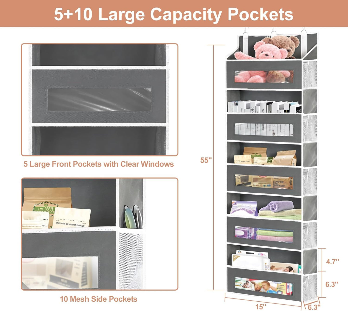 2 Packs 5-Tier Over The Door Organizer with 10 Side Mesh Pockets, 48 lbs Load Capacity, 3 Hooks Design, Hanging Organizer with Clear Windows for Bathroom, Bedroom, Nursery, Kitchen-Grey