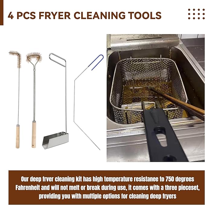 4 Pcs Fryer Cleaning Tools, L Shaped Brass Bristles Fryer Deep Cleaning Brush, Deep Fryer Crumb Scoop, Fryer Deep Cleanout Rod, Long Handle Fryer Basket Brush for Restaurant Air Fryer