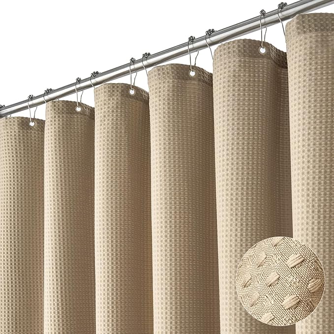 Dynamene 60 inch Stall Shower Curtain - Waffle Weave Heavy Duty Thick Fabric Shower Curtains for Bathroom,Weighted Hotel Spa Luxury Cloth Bath Curtain Set with 10 Plastic Hooks,60x72, Beige/Khaki