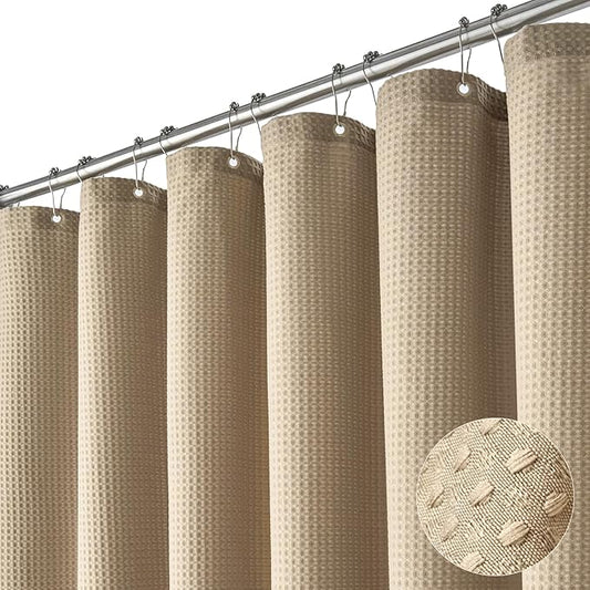 Dynamene Stall Fabric Shower Curtain - 54x78 inch Long Waffle Weave Weighted Thick Cloth Shower Curtains for Bathroom,Neutral Heavy Duty Hotel Spa Luxury Bath Curtain Set with 10 Hooks, Beige/Khaki