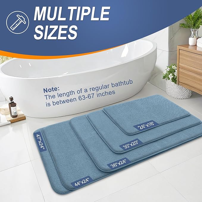 OLANLY Thick Memory Foam Bath Mat Rug 59x35, Extra Soft Absorbent Bathroom Rug, Quick Dry Bath Mats, Non-Slip, Machine Washable Carpet for Bathroom, Tub and Shower, Home Decor Accessories, Airy Blue