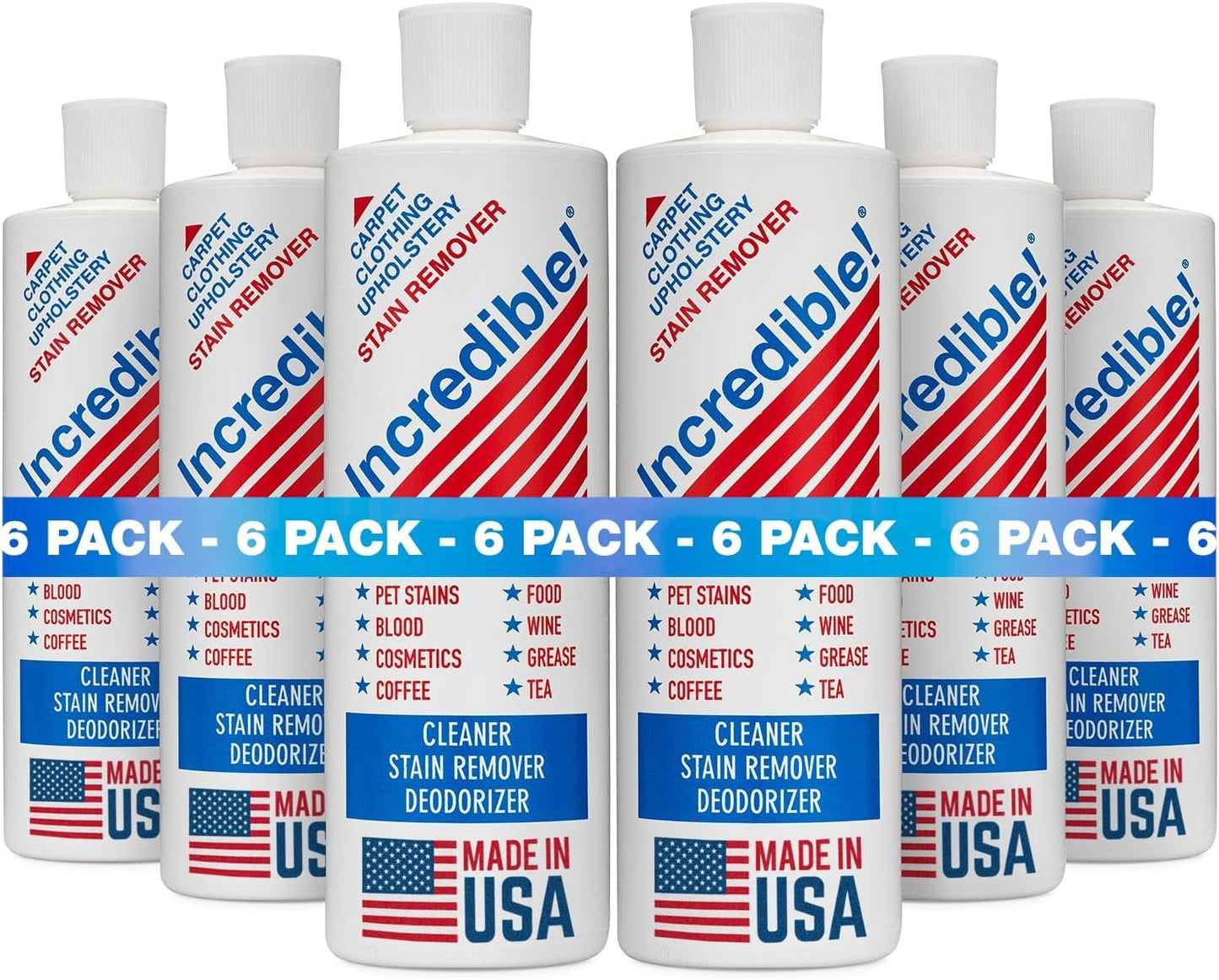 INCREDIBLE! Stain Remover - Commercial Pack Quantity, Professional Stain Cleaner For Carpets, Fabric, Linen, Laundry, Mattress, Car Upholstery – Pet Stains, Urine, Blood, Red Wine, 16.oz, Pack of 6