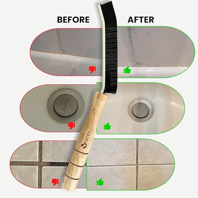 Hard Bristle Crevice Cleaning Brush with Long Wooden Handle - Multifunctional Gap Scrub Brush, Home Essentials, Bathroom Cleaner Tools for Household Use (Crevice Brush)