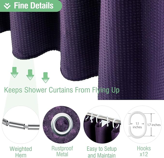 Dynamene Extra Long Shower Curtain,84 Inch Long Waffle Weave Weighted Thick Fabric Bathroom Shower Curtain, Neutral Heavy Duty Hotel Bath Curtain Set with 12 Plastic Hooks,72x84,Purple