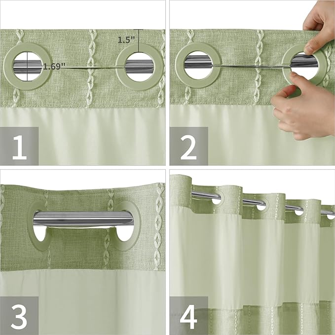 No Hook Extra Long Shower Curtain Set with Snap-in Liner,Linen Textured Thick Striped Fabric with Tassels,Boho Chic Modern Farmhouse Bathroom Curtain,Water-Repellent,Sage Green,71x86