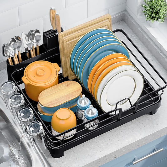Dish Drying Rack for Kitchen Counter, Multifunctional Dish Drainer Rack, Kitchen Dish Rack, Sink Dishes Strainer, Plate Rack with Drain Board, Cup Holder, and Cutlery Holder,Medium Size Black