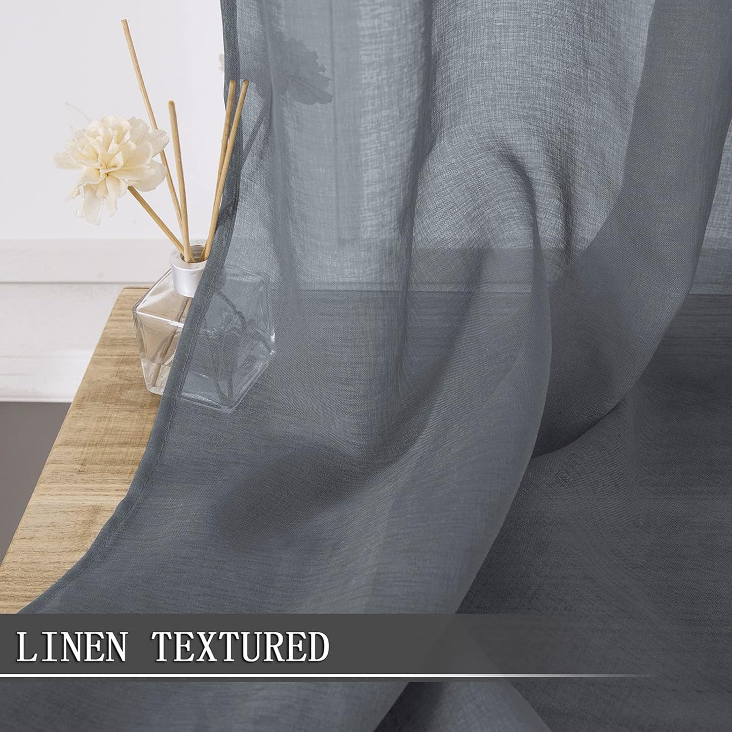 Tollpiz Sheer Tier Curtains Kitchen Linen Textured Half Curtain Sheers Light Filtering Rod Pocket Voile Bathroom Short Curtains for Farmhouse, 25 x 30 inches Long, Dark Grey, Set of 2 Panels