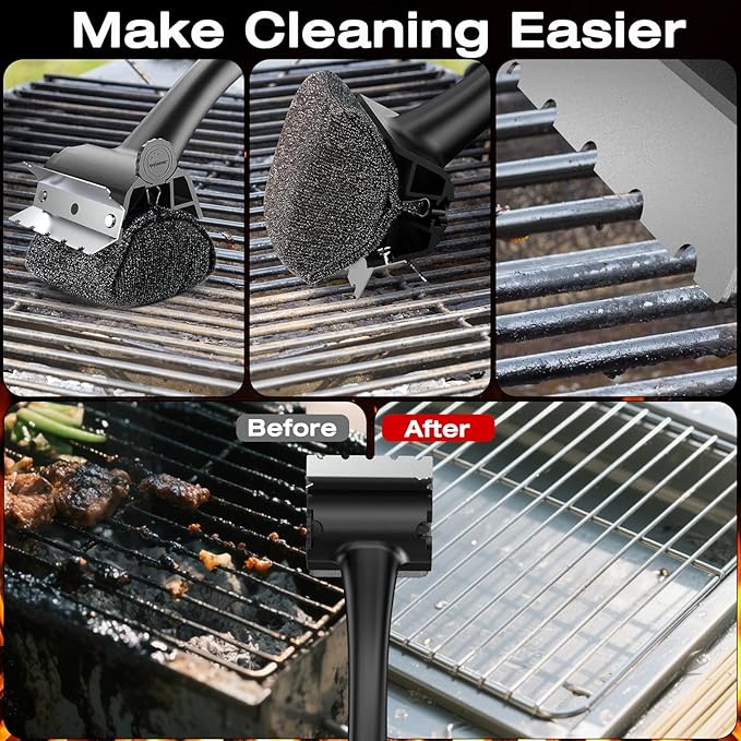 Grill Brush for Outdoor BBQ - Replaceable Bristle Free Heading and Reinforced Scraper - Safe BBQ Brushes for Porcelain/Gas/Charcoal/Smoker/Cast Iron Grill - Cleaning Brush(Black)
