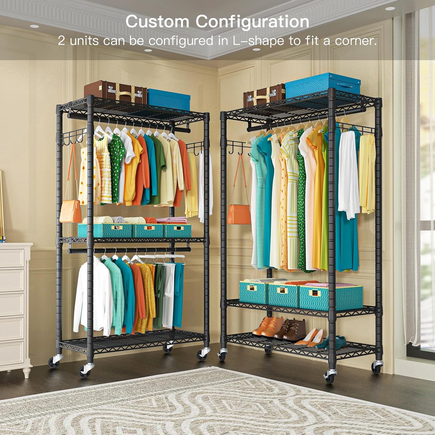 FUTASSI P1 Heavy Duty Garment Rack, 3 Tiers Adjustable Rolling Metal Closet Organizer with Lockable Wheels, FreeStanding Wardrobe with Double Hanger Rods & 1 Pair Hooks, Max Load 450 LBS, Black