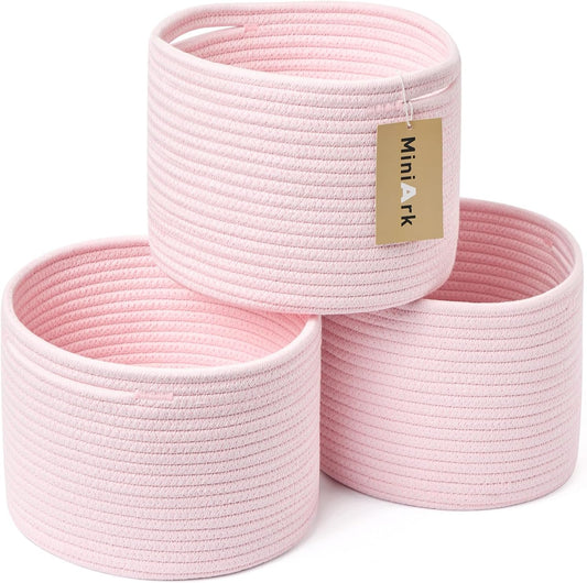 Small Basket for Organizing | Cube Shelf Closet Storage Baskets | 9.7×9.7×7.1” | Woven Rope Gift Basket | Nursery | Round 3 Packs Light Pink