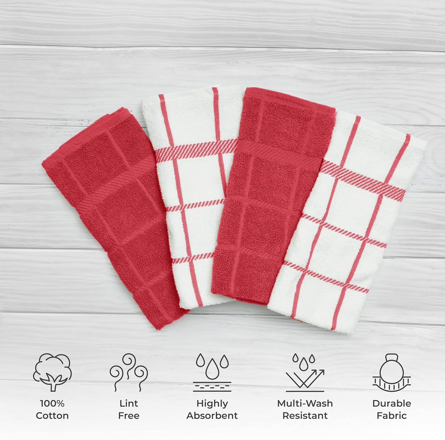 100% Cotton Kitchen Towels and dishcloths Sets, Super Soft & Absorbent, Dish Cloths for Washing Dishes, Dish Towel for Kitchen, 2 RED Dish Towels and 4 RED Dish Cloths