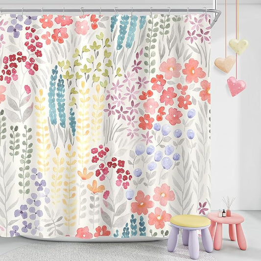 Extra Long Shower Curtain 72 x 84 Inch, Tall Cute Floral Shower Curtain for Bathroom, Colorful Wildflower Boho Cottagecore Fabric Shower Curtain Set with Hooks, Ivory