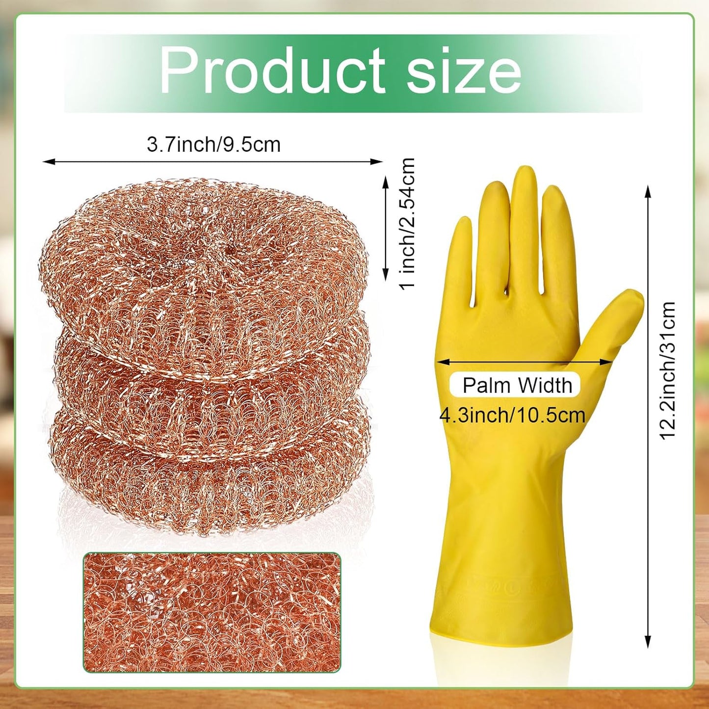 Hushee 50 Pack Copper Coated Scourers Rust Resistant Scrubbing Scouring Pad with 1 Pair of Rubber Household Cleaning Gloves Heavy Duty Copper Mesh Scourer for Dishes, Pots, Pans, and Ovens